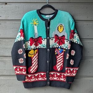 VTG 80s Heirlooms HandKnit 100% Wool Intarsia Christmas Holiday Sweater Medium